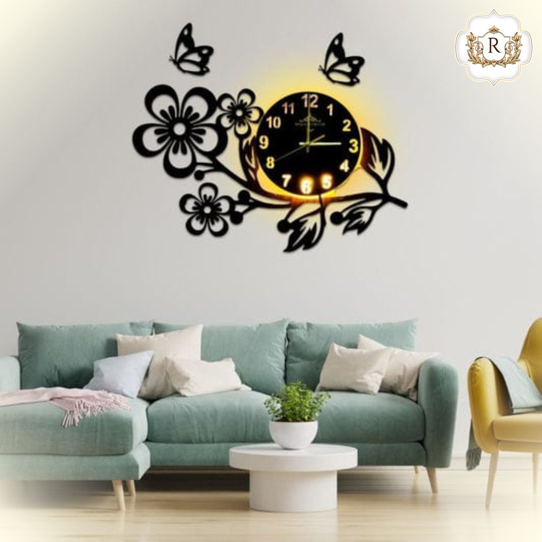 Flowers and Butterflies Wooden Wall Clock with light