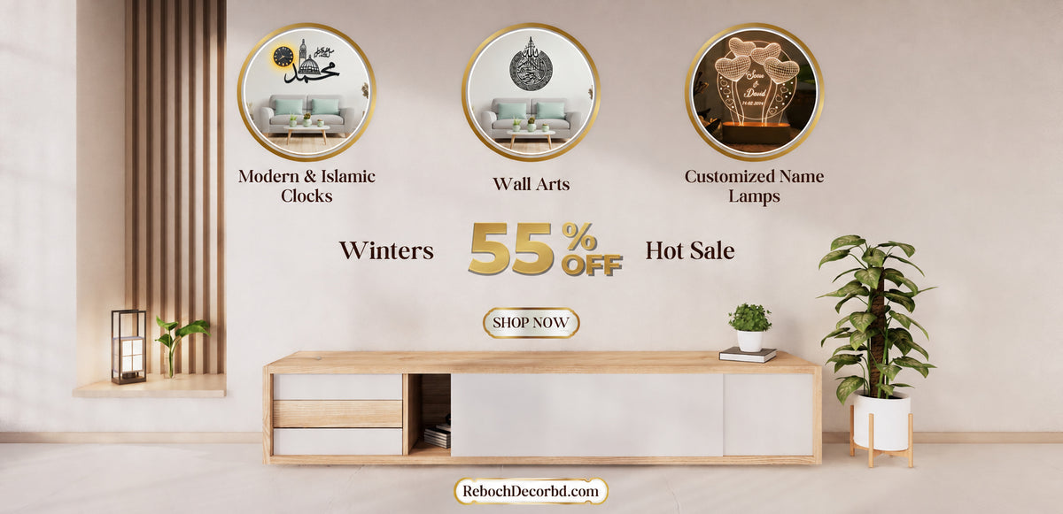 Advertisement for decorative items with a 55% off discount offer on a modern interior setting.