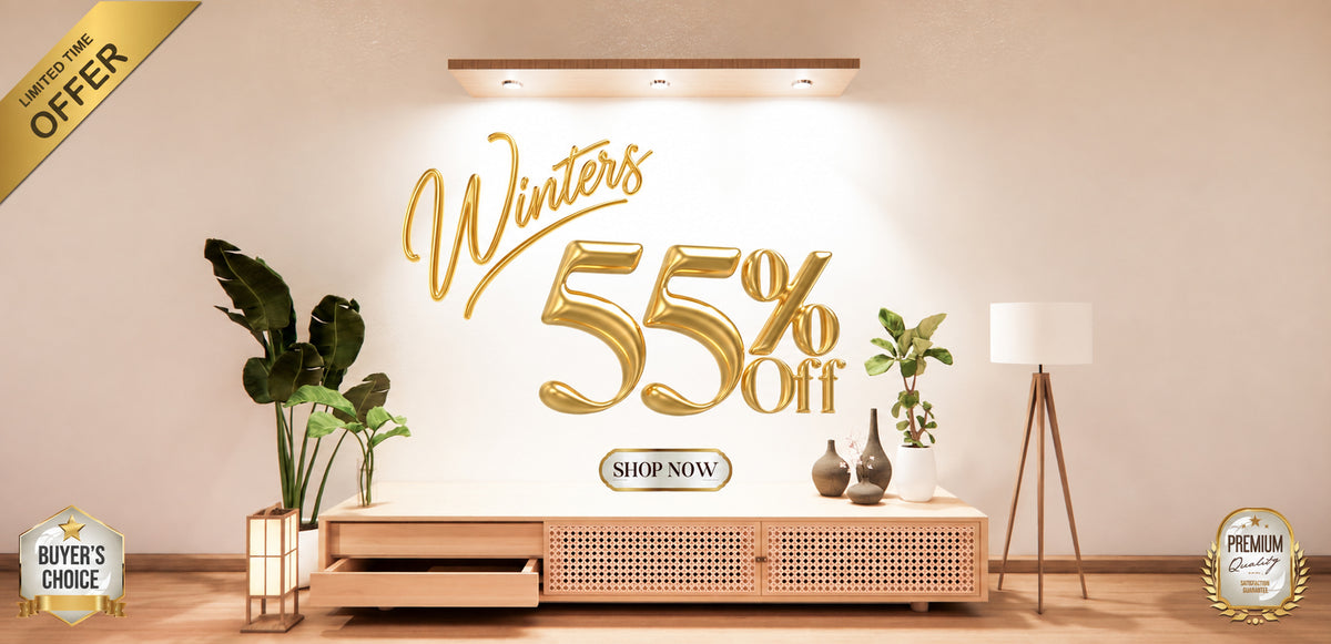 A promotional sale banner with the text 'Winters 55% off' in gold lettering on a beige wall above a wooden console table, flanked by plants and a floor lamp, with badge graphics in the corners.